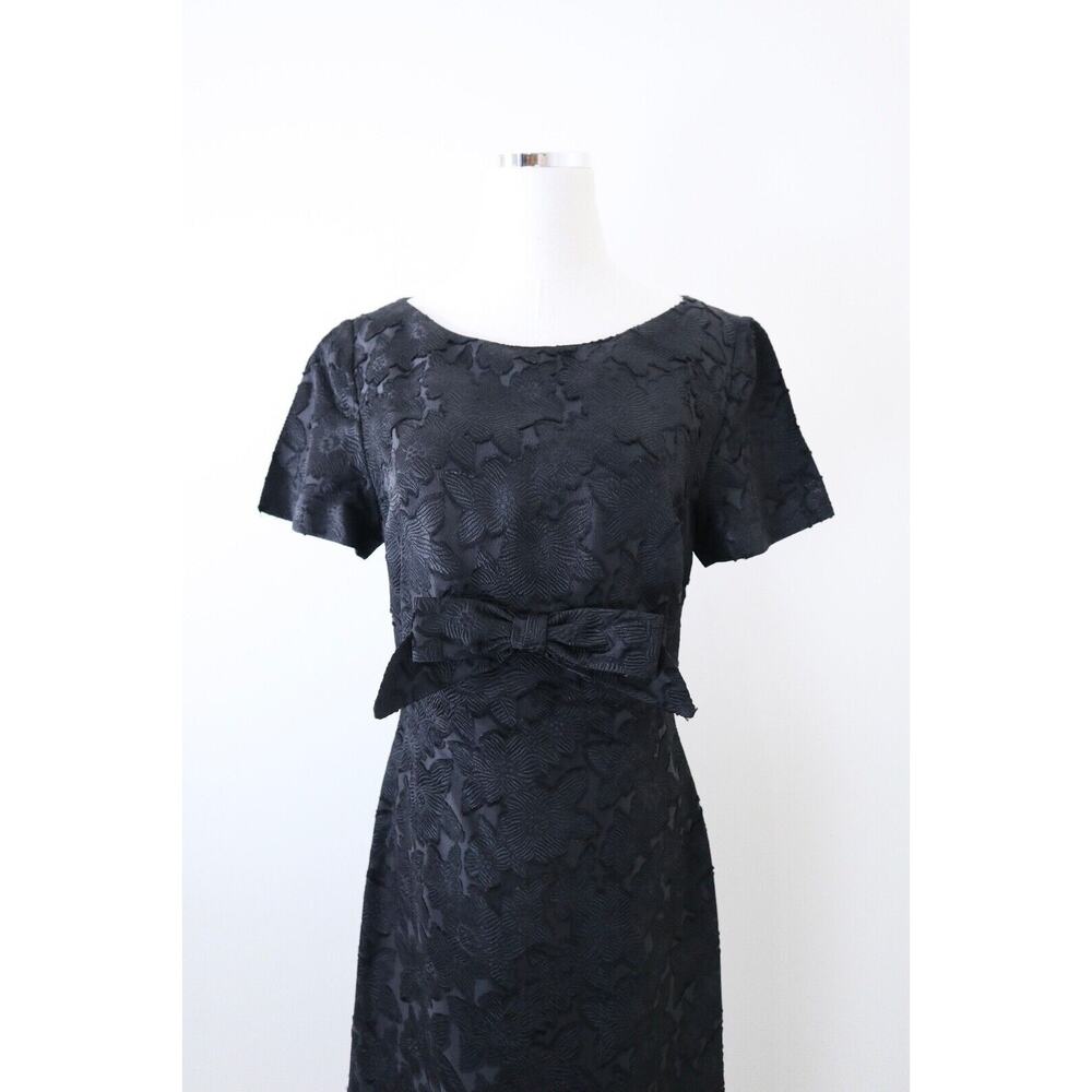 Vintage 1960s Boat Neck Sheath Dress Bow Front Short Sleeve Jacquard Black - Picture 2 of 11